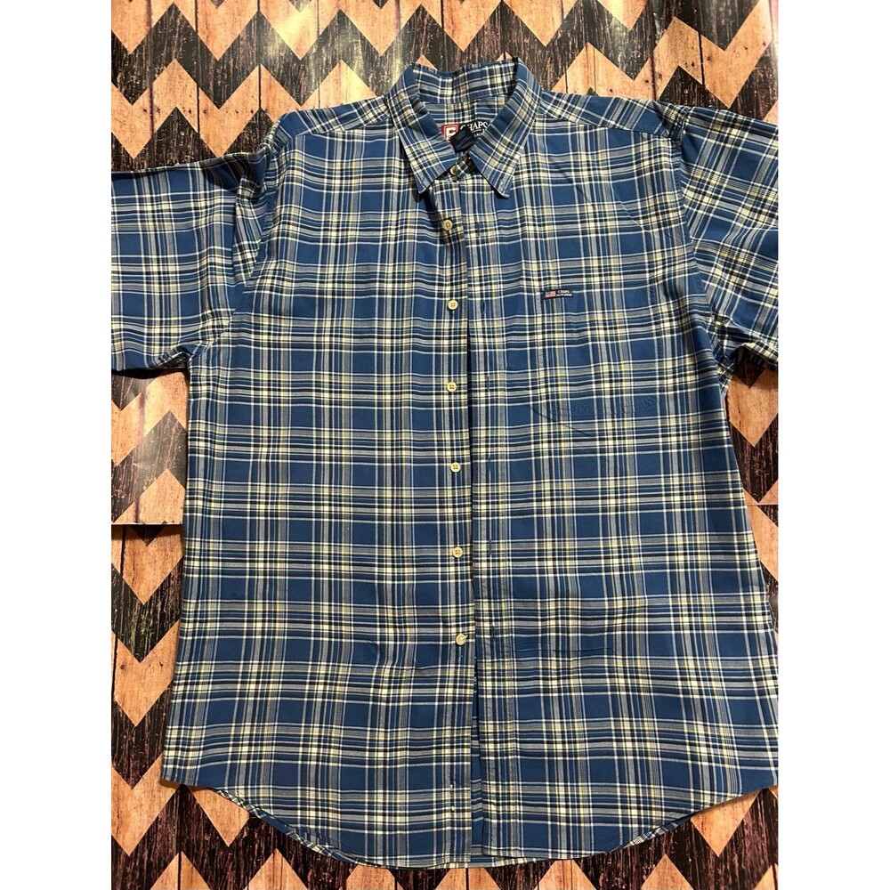 Chaps mens SS Large button down blue yellow white shirt